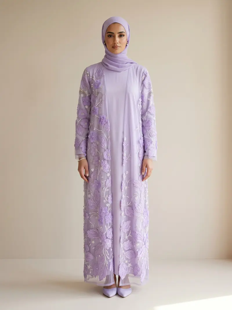 Modest Valoria lilac embroidered open abaya set with matching hijab, front full length