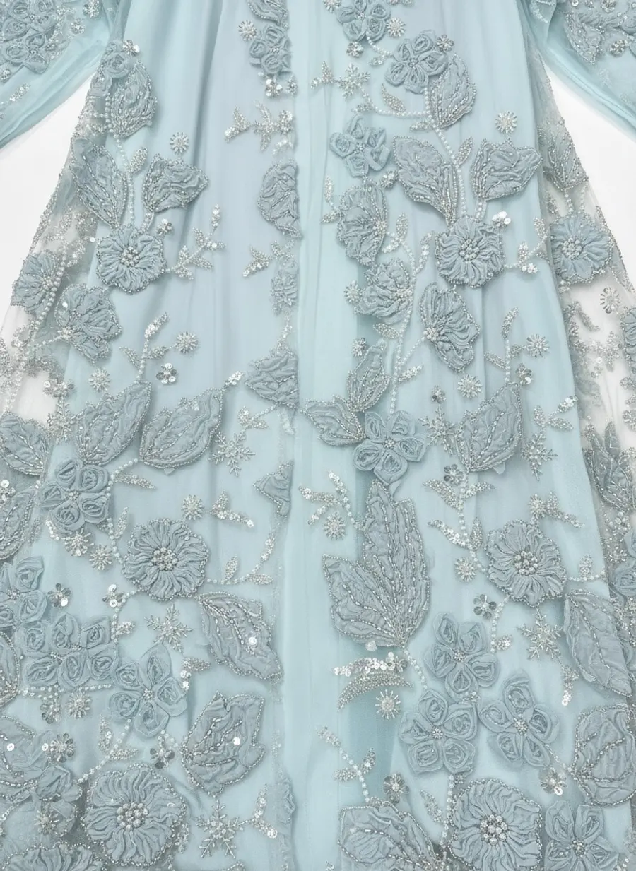Modest Valoria powder blue abaya embroidery macro showing raised 3D floral appliqué and beadwork on sheer tulle over satin