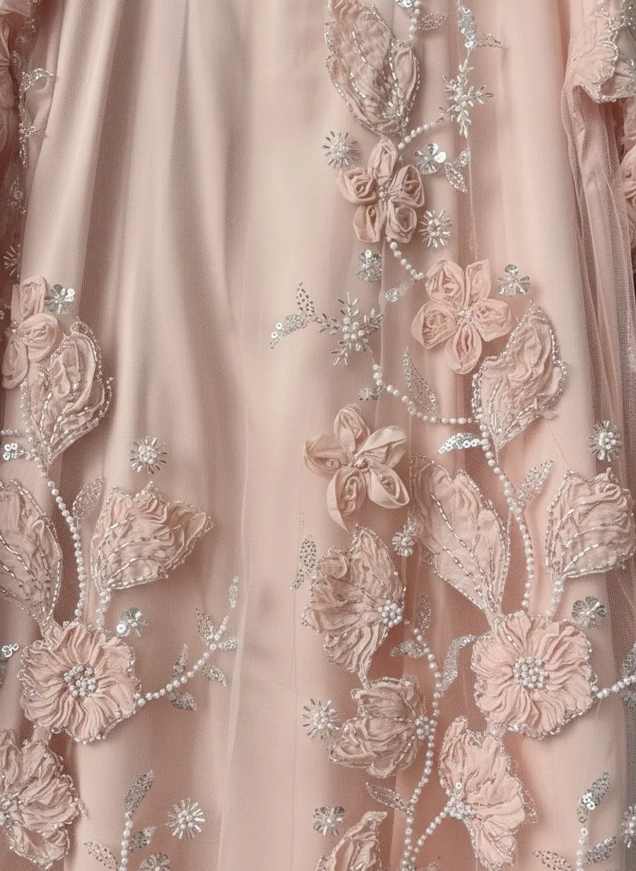 Modest Valoria blush abaya embroidery macro showing tonal floral appliqué and pearl beading on sheer tulle