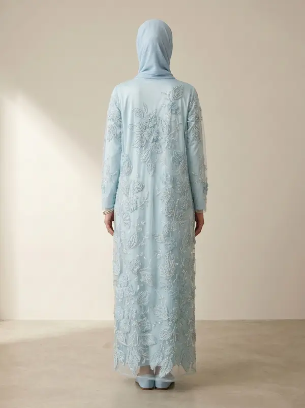 Modest Valoria powder blue abaya set, full back view with hijab drape