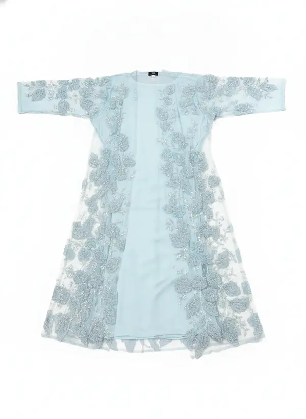 Modest Valoria powder blue embroidered open abaya as a product flat on a clean background