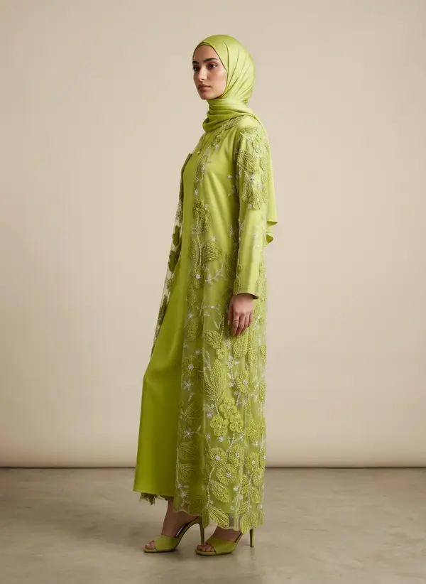Modest Valoria lime abaya set, side profile full length in warm window light