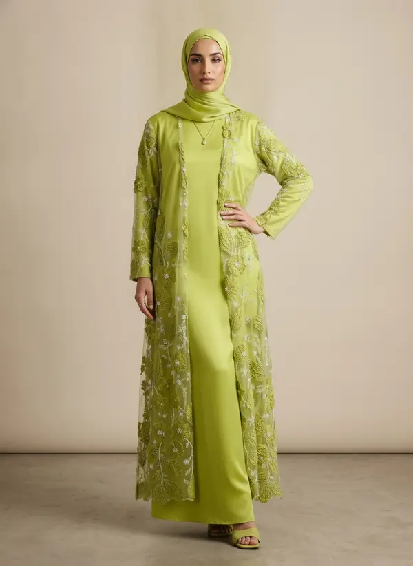 Modest Valoria lime abaya set, alternate three-quarter pose