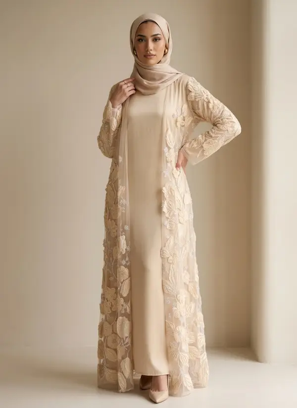 Modest Valoria champagne abaya set, alternate three-quarter pose in the shared studio