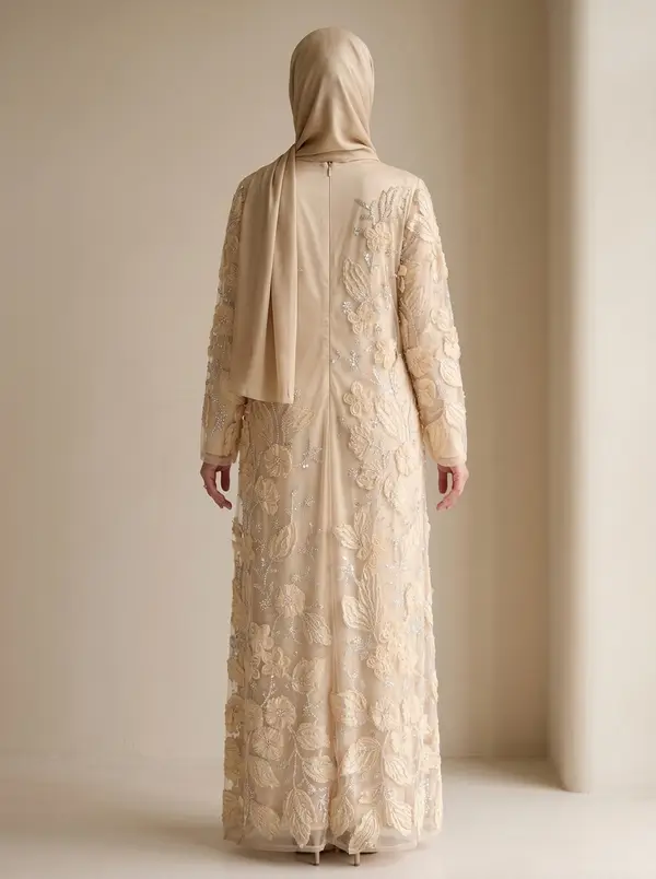 Modest Valoria champagne abaya set, full back view