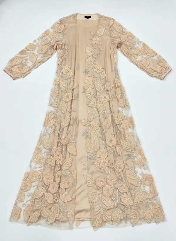 Modest Valoria champagne embroidered open abaya as a product flat