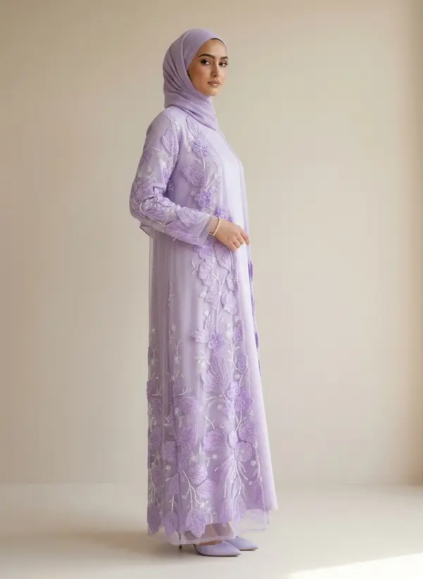 Modest Valoria lilac abaya set, alternate three-quarter pose