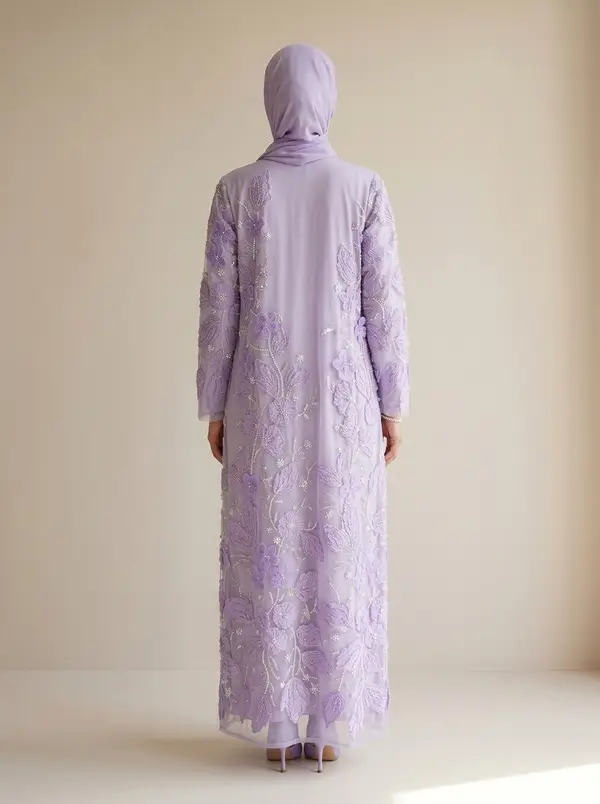 Modest Valoria lilac abaya set, full back view with hijab
