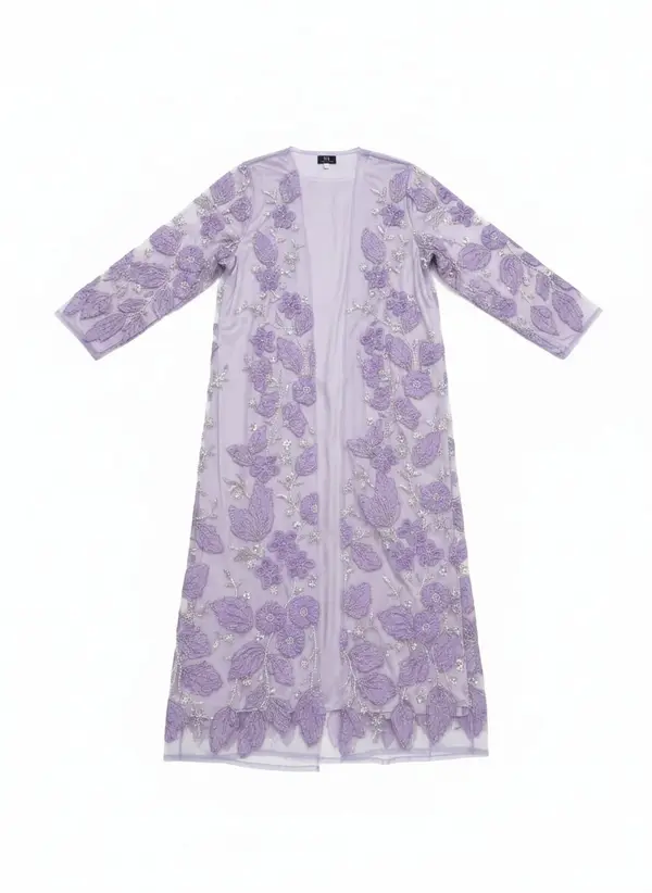 Modest Valoria lilac embroidered open abaya as a product flat