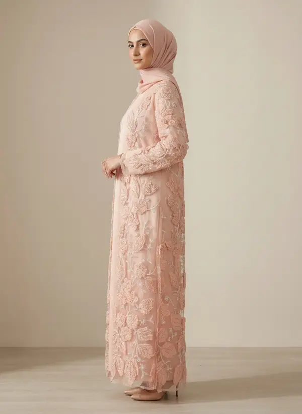 Modest Valoria blush abaya set, side profile full length