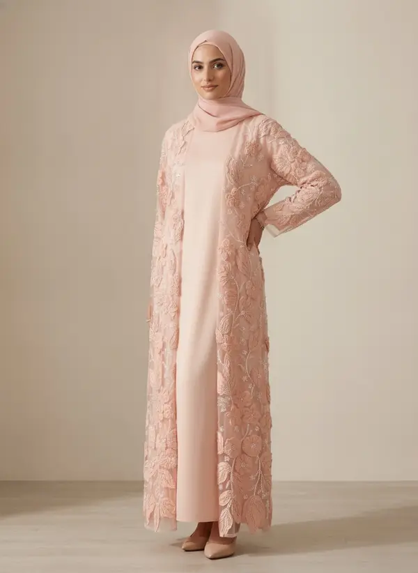 Modest Valoria blush abaya set, alternate three-quarter pose