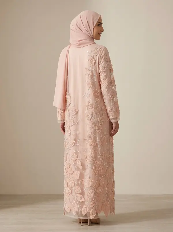 Modest Valoria blush abaya set, full back view