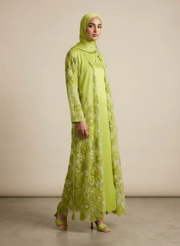 Modest Valoria lime abaya set, walking frame with the overlayer opening