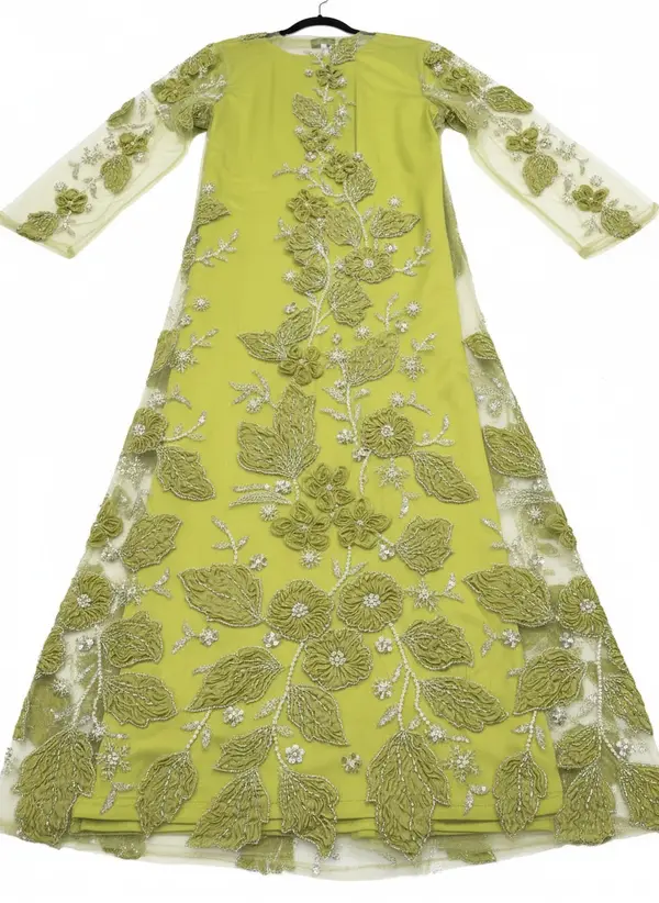Modest Valoria lime embroidered open abaya laid flat, showing the full spread of the floral appliqué across the panel