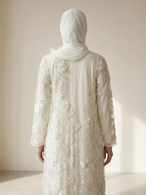 Modest Valoria ivory abaya set, back view showing hijab and embroidered panel