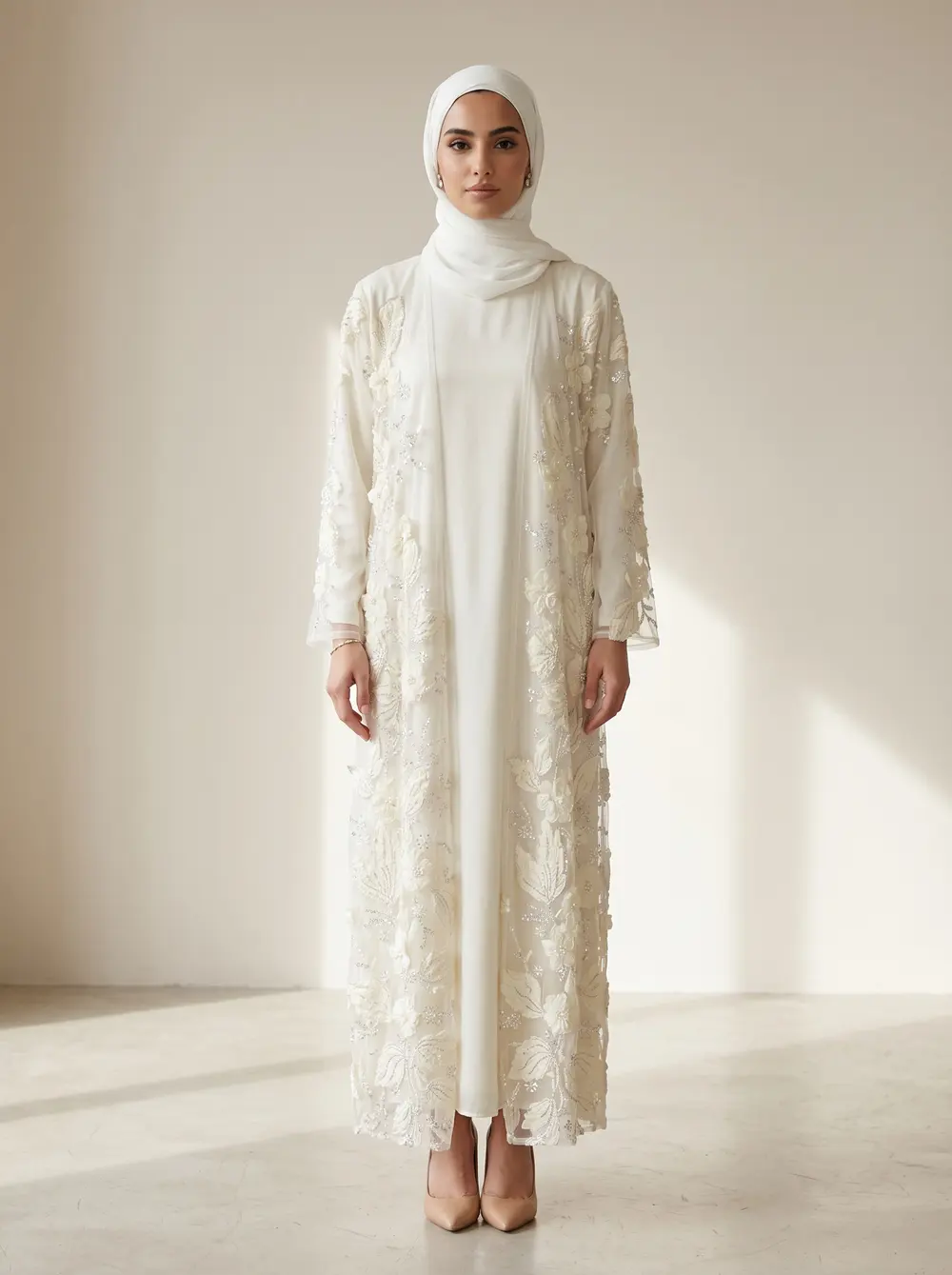 Modest Valoria ivory embroidered open abaya over a satin under-dress with matching hijab, straight-on front full length, in a sunlit plaster studio