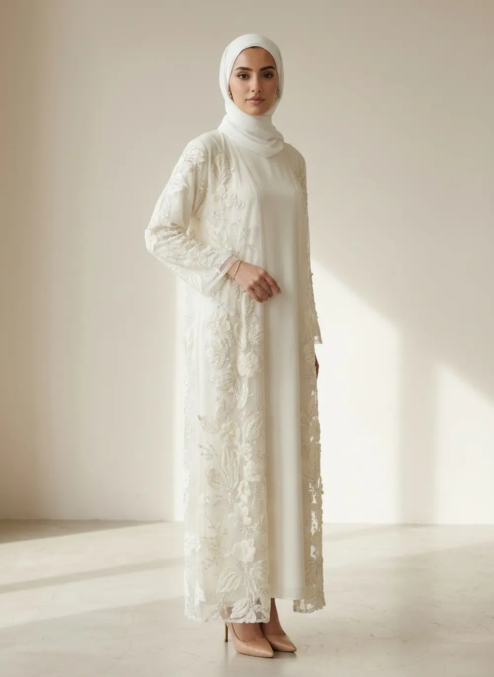 Modest Valoria ivory abaya set, walking three-quarter frame showing the sheer overlayer opening over the satin dress