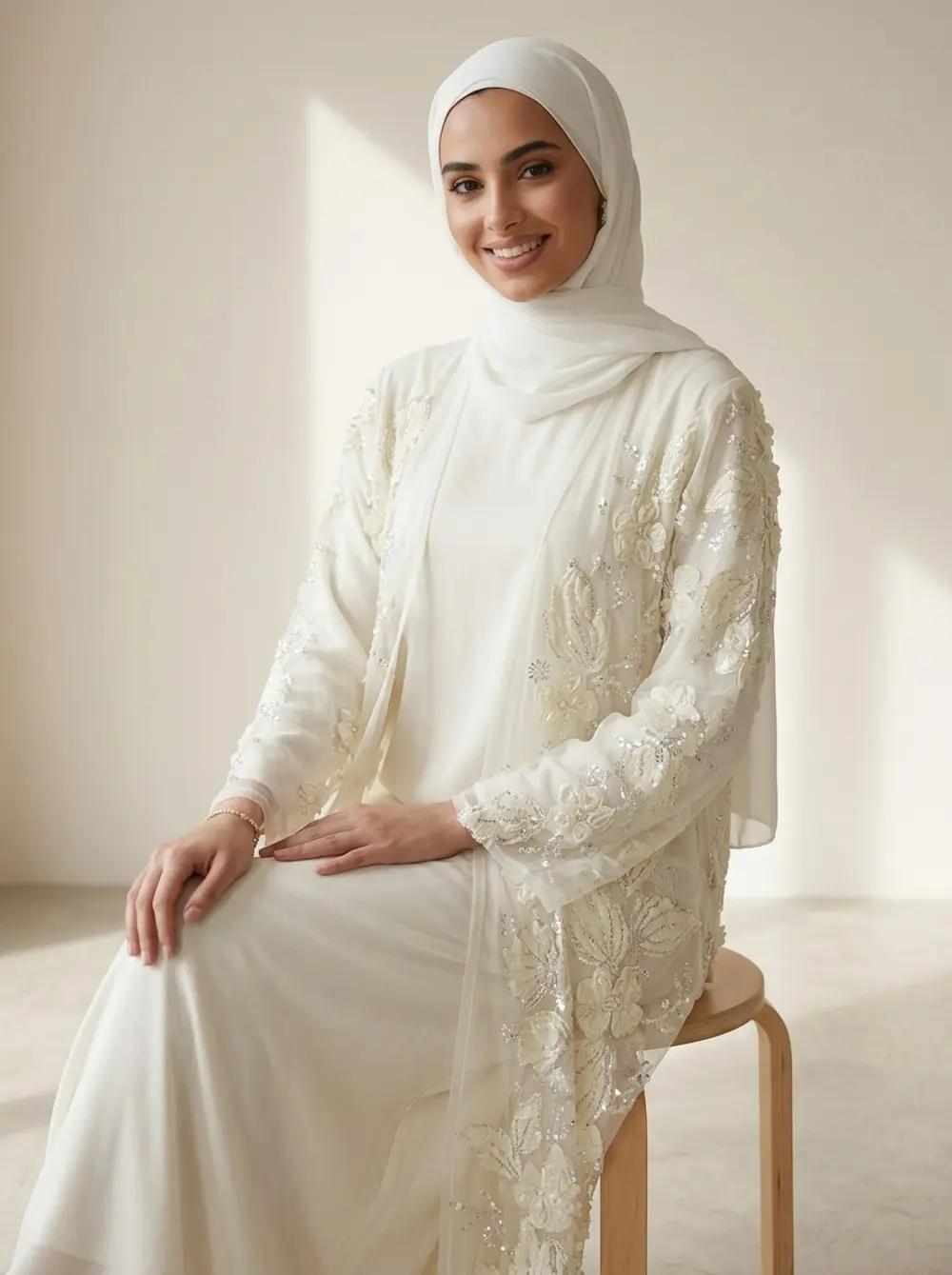 Modest Valoria ivory abaya set seated on a stool, hands resting, full coverage held, in warm window light