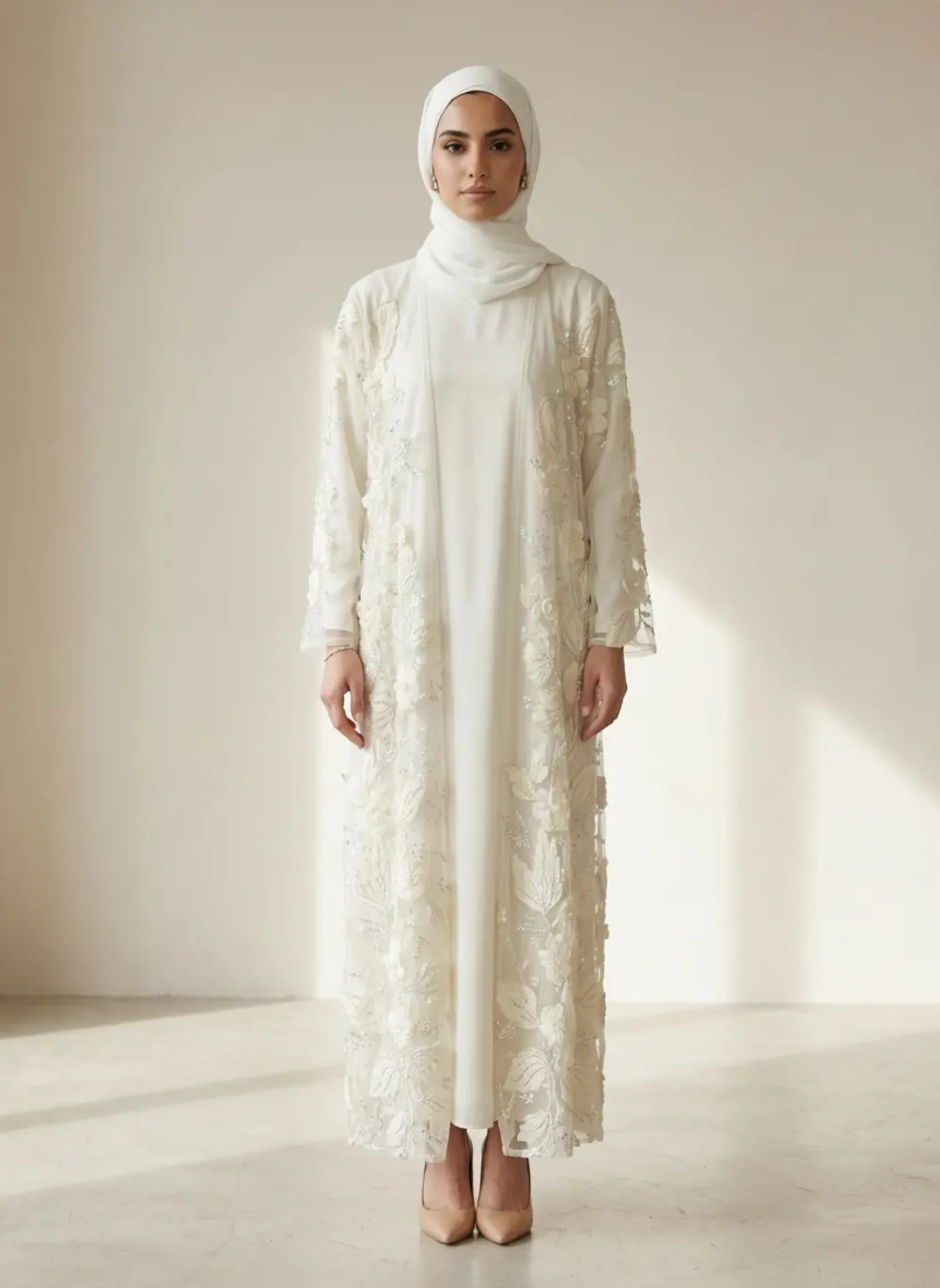 Modest Valoria ivory abaya set, side profile full length showing hem break and sleeve length