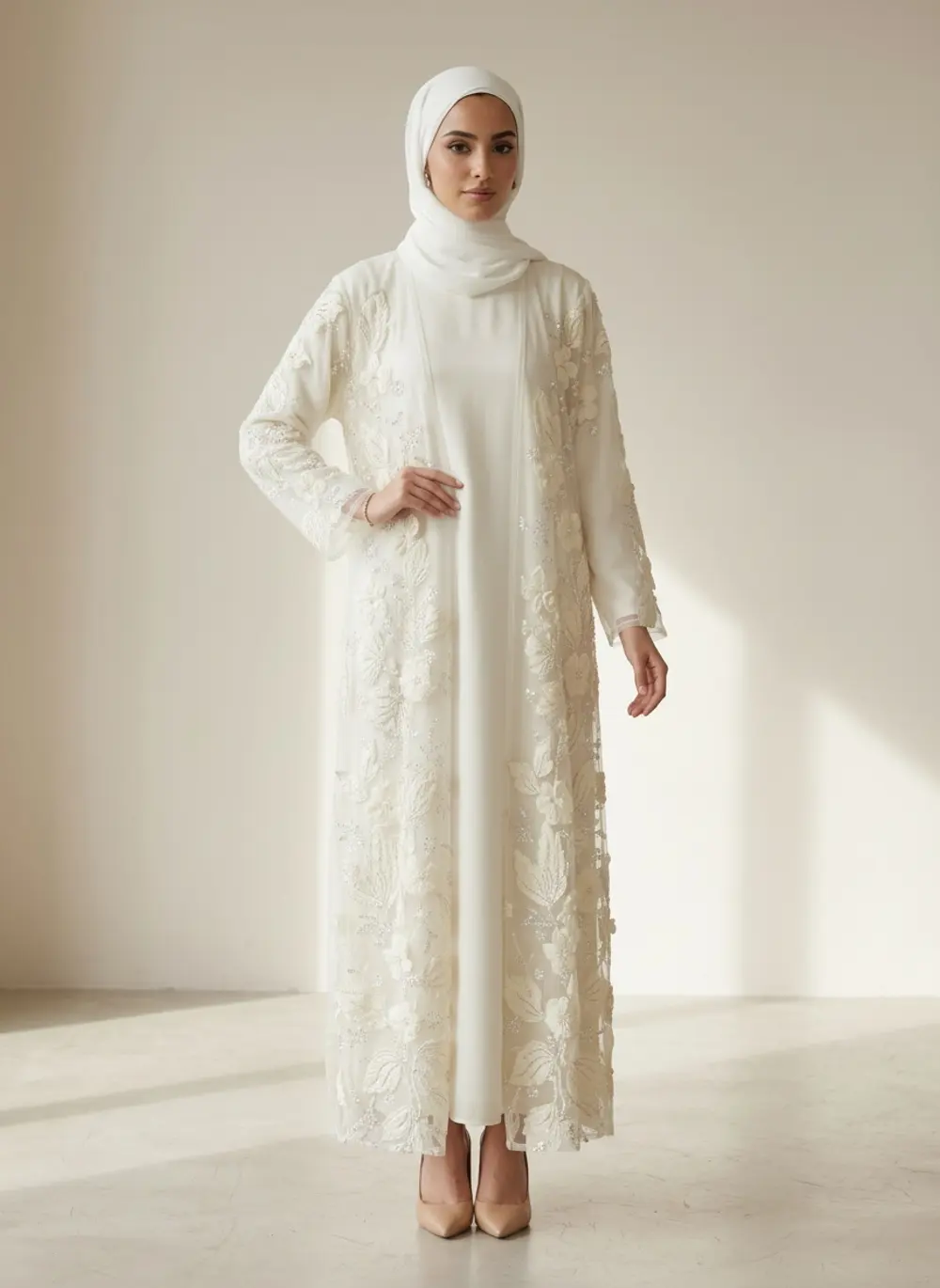 Modest Valoria ivory abaya set, alternate three-quarter pose in the same sunlit plaster room