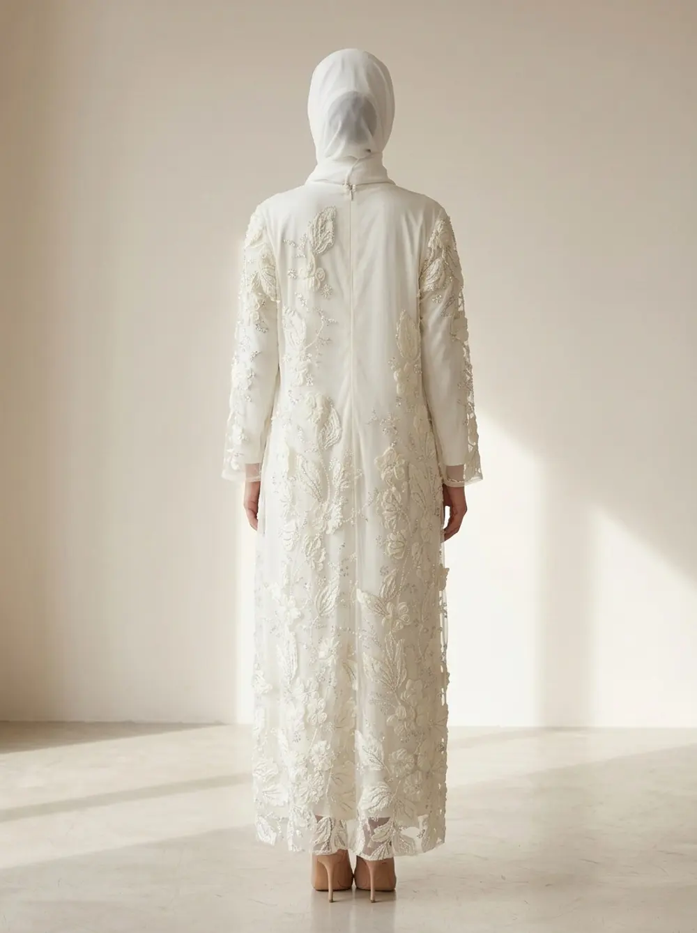 Modest Valoria ivory abaya set, full back view showing the fall of the hem and the hijab drape