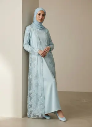 Modest Valoria embroidered open abaya in powder blue, alternate angle 1