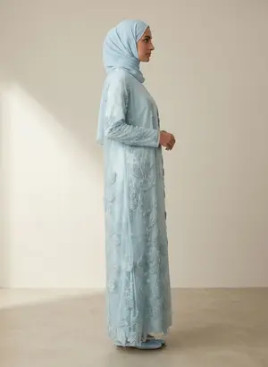 Modest Valoria embroidered open abaya in powder blue, alternate angle 2