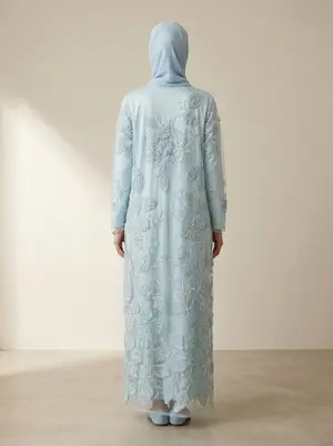 Modest Valoria embroidered open abaya in powder blue, alternate angle 3