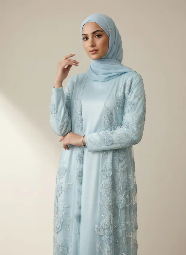 Collection sheet lead frame — Modest Valoria embroidered open abaya set in powder blue