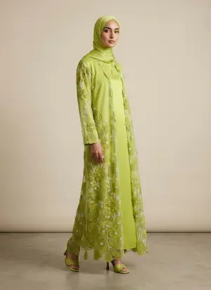 Modest Valoria embroidered open abaya in lime, alternate angle 1
