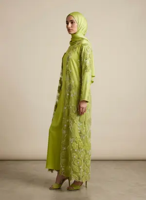 Modest Valoria embroidered open abaya in lime, alternate angle 2