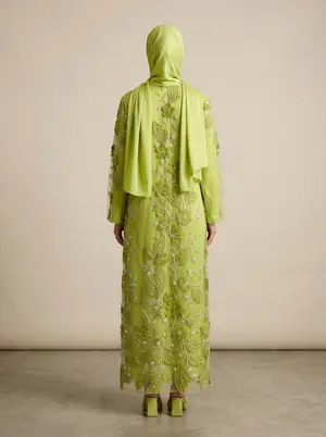 Modest Valoria embroidered open abaya in lime, alternate angle 3
