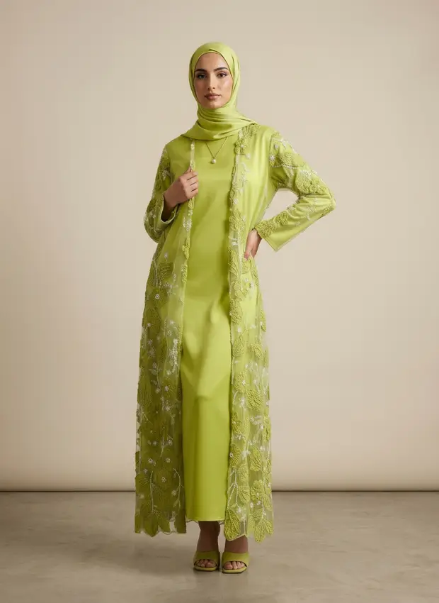 Collection sheet lead frame — Modest Valoria embroidered open abaya set in lime