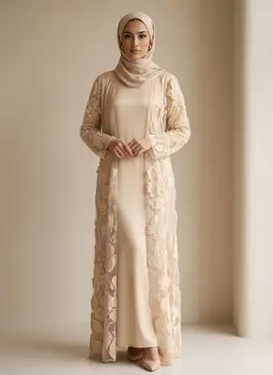 Modest Valoria embroidered open abaya in champagne, alternate angle 1
