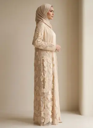 Modest Valoria embroidered open abaya in champagne, alternate angle 2