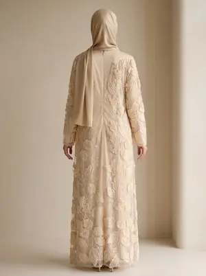 Modest Valoria embroidered open abaya in champagne, alternate angle 3