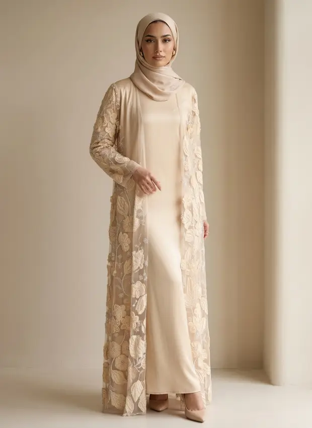 Collection sheet lead frame — Modest Valoria embroidered open abaya set in champagne