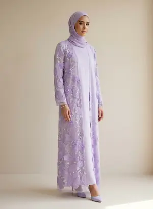 Modest Valoria embroidered open abaya in lilac, alternate angle 1