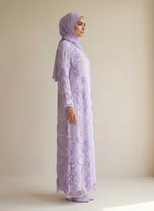 Modest Valoria embroidered open abaya in lilac, alternate angle 2
