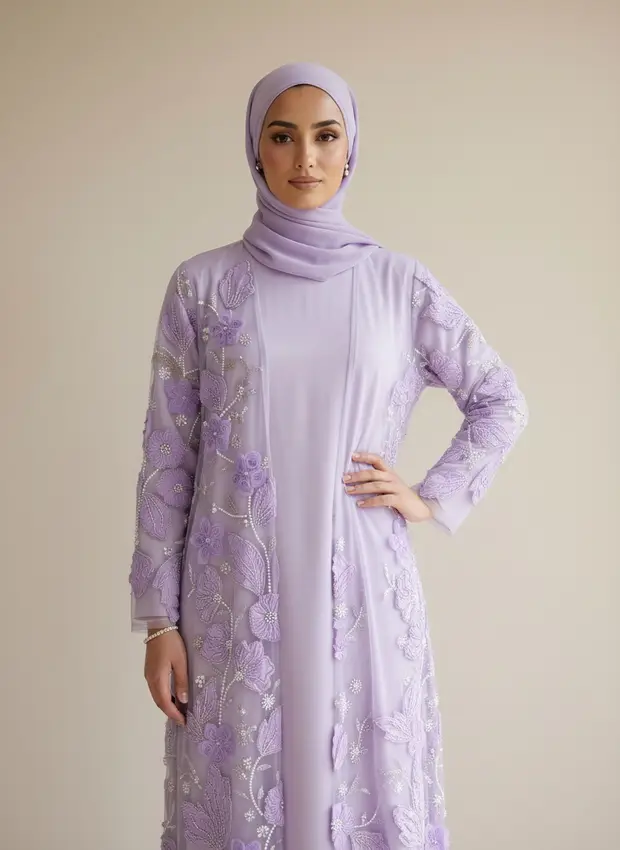 Collection sheet lead frame — Modest Valoria embroidered open abaya set in lilac