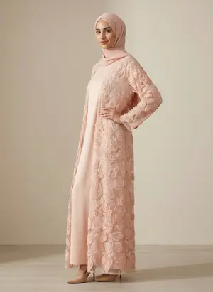 Modest Valoria embroidered open abaya in blush, alternate angle 1