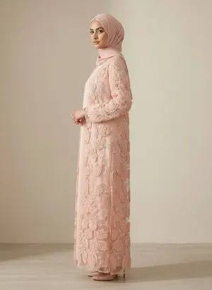 Modest Valoria embroidered open abaya in blush, alternate angle 2