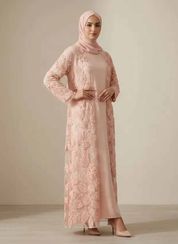 Collection sheet lead frame — Modest Valoria embroidered open abaya set in blush