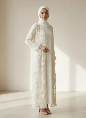Modest Valoria embroidered open abaya in ivory, alternate angle 1