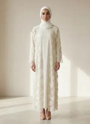 Modest Valoria embroidered open abaya in ivory, alternate angle 2