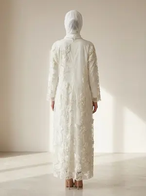 Modest Valoria embroidered open abaya in ivory, alternate angle 3