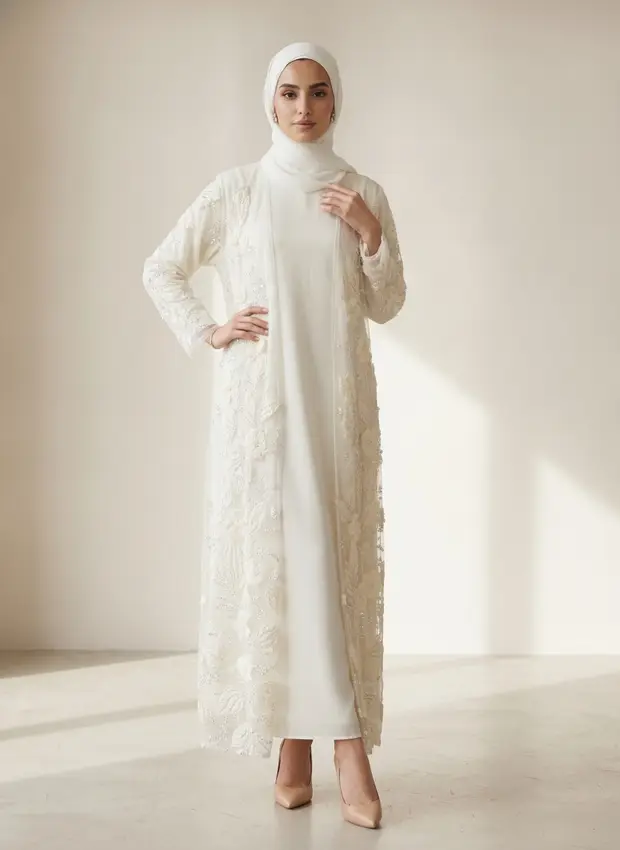 Collection sheet lead frame — Modest Valoria embroidered open abaya set in ivory