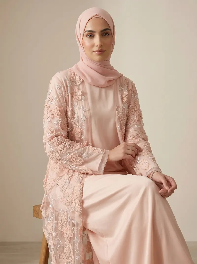 Modest Valoria blush abaya set seated on a stool in the shared sunlit studio