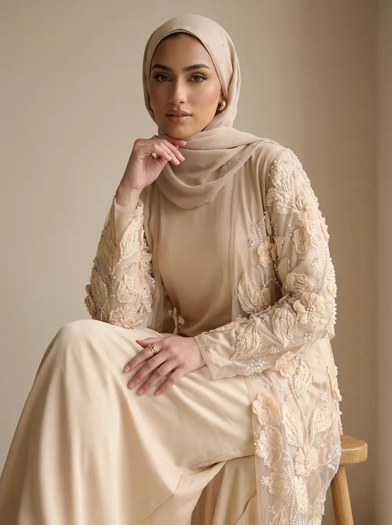 Modest Valoria champagne abaya set seated, hands resting, hijab intact