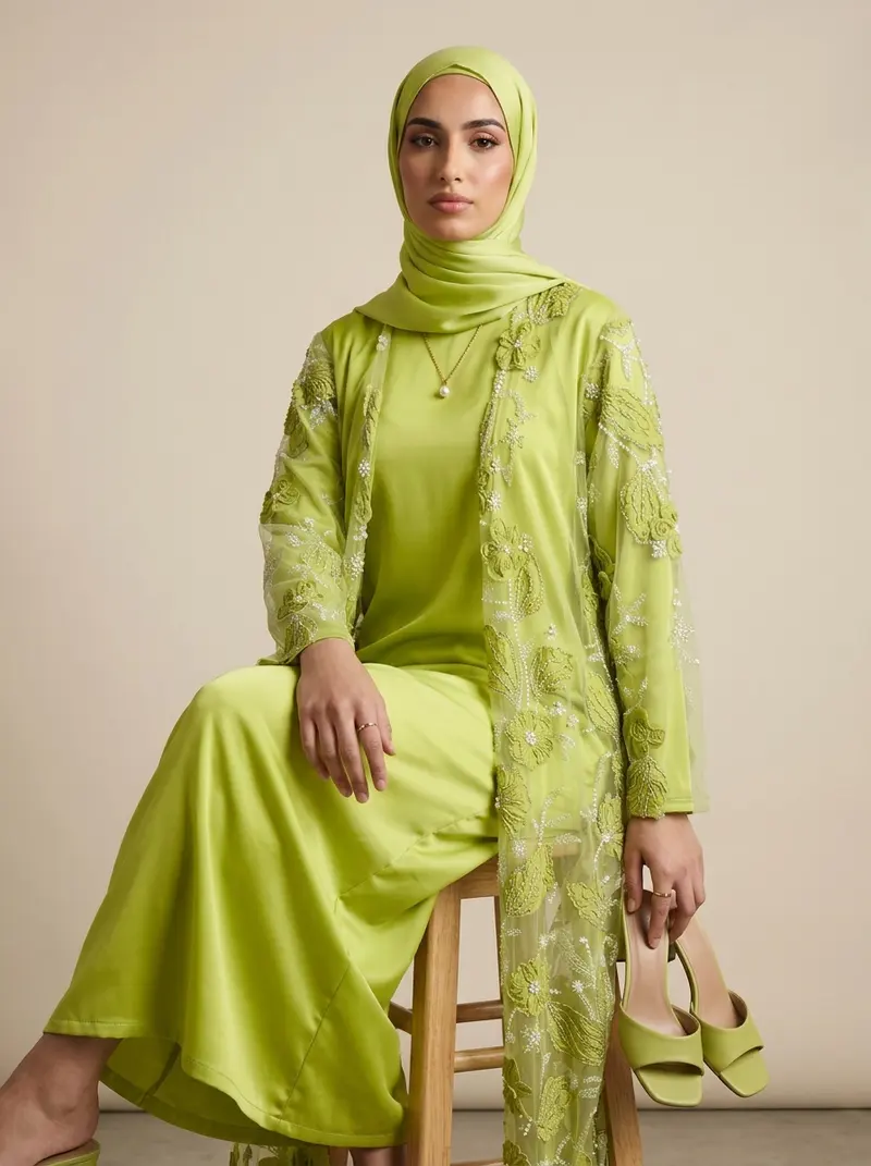 Modest Valoria lime abaya set seated on a stool, coverage held, in warm window light